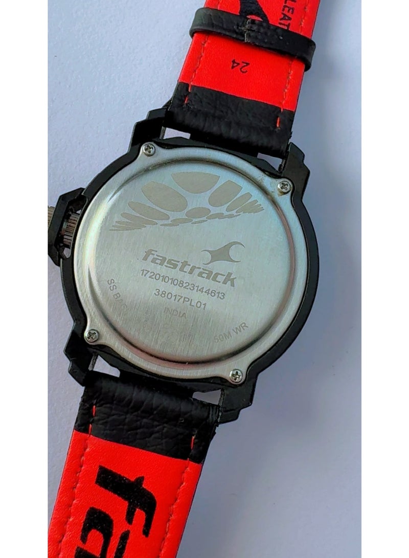 Fastrack Men's Fashion Casual Analog Quartz Watch [Brand New] – Textured Dark Grey Round Dial, Arabic Numerals 12/3/6/9, Durable Genuine Black Leather Band with Stylish White Stitching - Image 5