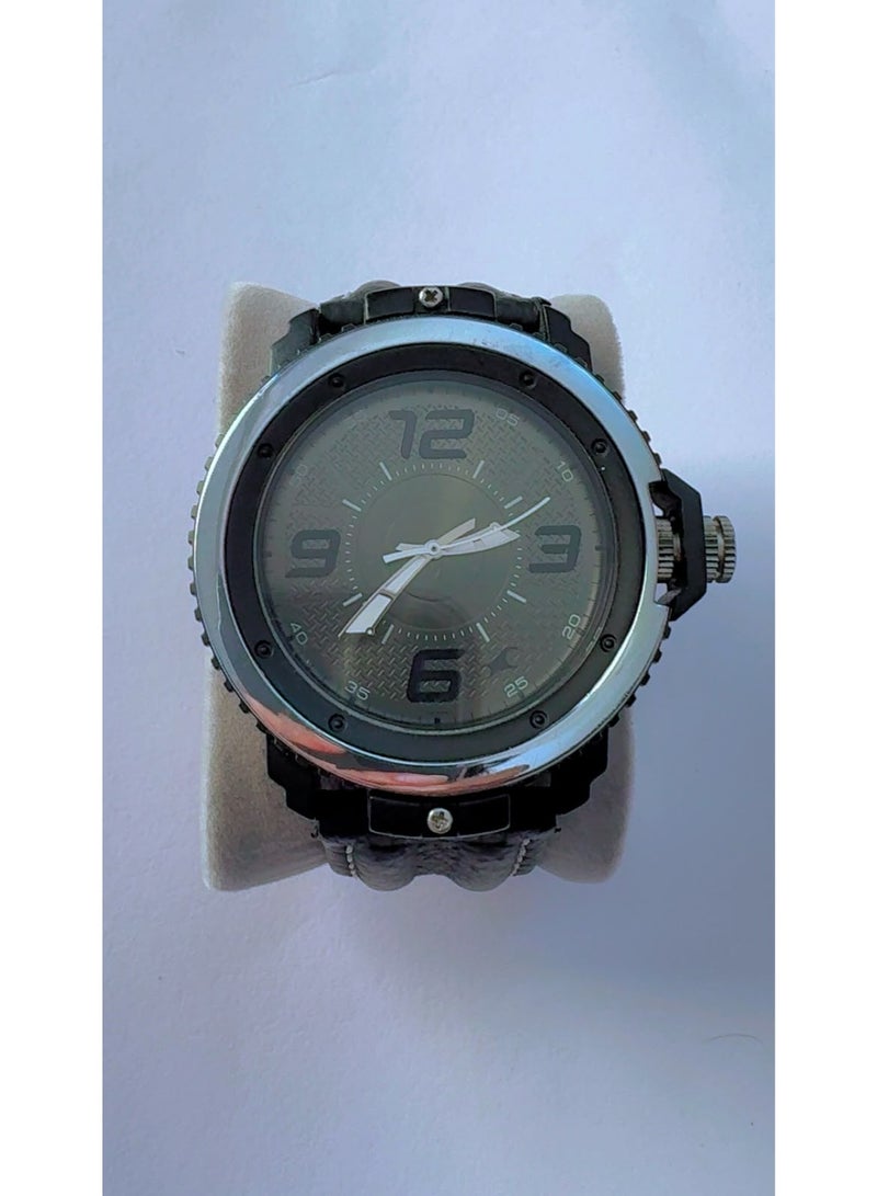 Fastrack Men's Fashion Casual Analog Quartz Watch [Brand New] – Textured Dark Grey Round Dial, Arabic Numerals 12/3/6/9, Durable Genuine Black Leather Band with Stylish White Stitching - Image 1