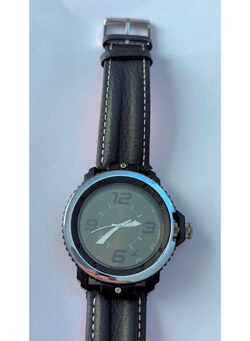 Fastrack Men's Fashion Casual Analog Quartz Watch [Brand New] – Textured Dark Grey Round Dial, Arabic Numerals 12/3/6/9, Durable Genuine Black Leather Band with Stylish White Stitching - Image 2