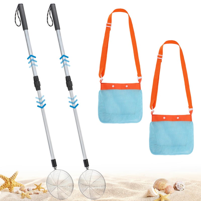 Big Gun 2 Pack Sand Sifter with Seashell Bags - 21.6"~33" Adjustable Shark Tooth Sifter for The Beach Seashell Collecting, Mesh Shovel Scooper with Retractable Handle, Beach Toys for Adults Family Kids - Image 1