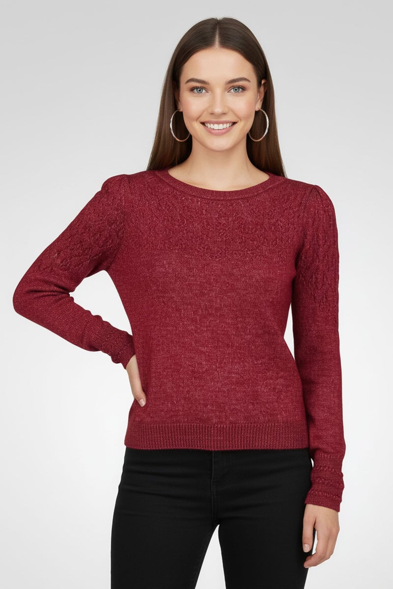 promod Women Ribbed Neck Knitted Sweater, Burgundy - Image 1