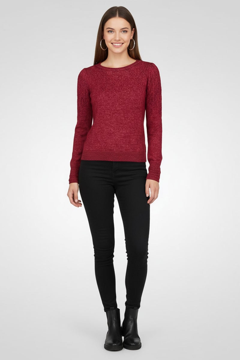 promod Women Ribbed Neck Knitted Sweater, Burgundy - Image 2