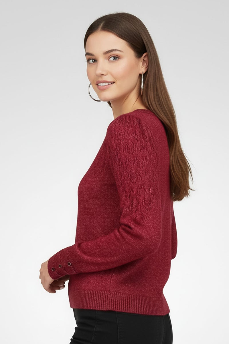 promod Women Ribbed Neck Knitted Sweater, Burgundy - Image 3