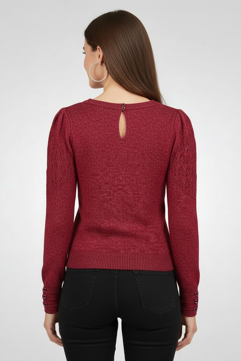 promod Women Ribbed Neck Knitted Sweater, Burgundy - Image 4