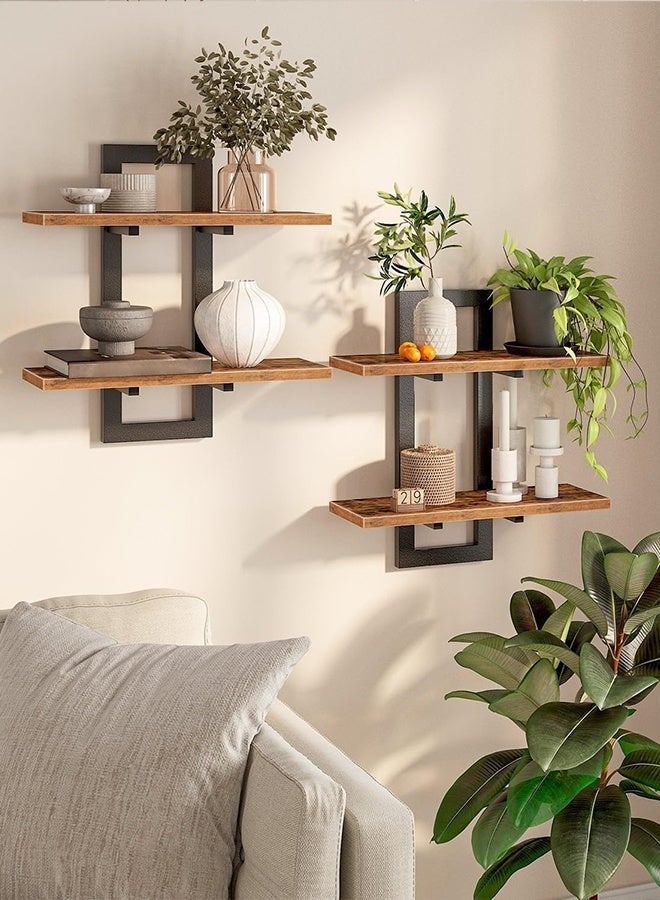 Forthcan Wall Mounted Floating Shelves, Rustic Wood Wall Shelf with Metal Frame, Decorative Hanging Storage Racks for Living Room, Bedroom, or Office - Image 2