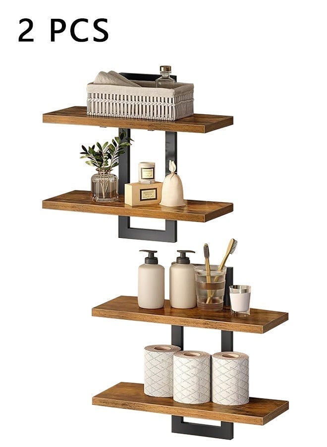 Wall Mounted Floating Shelves, Rustic Wood Wall Shelf with Metal Frame, Decorative Hanging Storage Racks for Living Room, Bedroom, or Office
