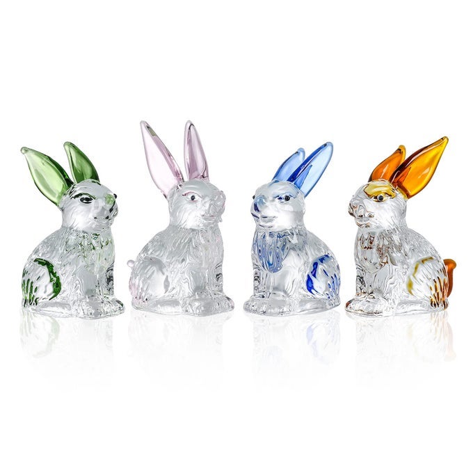 SET OF 4 LITTLE GLASS RABBITS FIGURINES CUTE CRYSTAL BUNNY COLLECTIBLES STATUES ANIMAL DECOR ORNAMENT TABLE CENTERPIECE