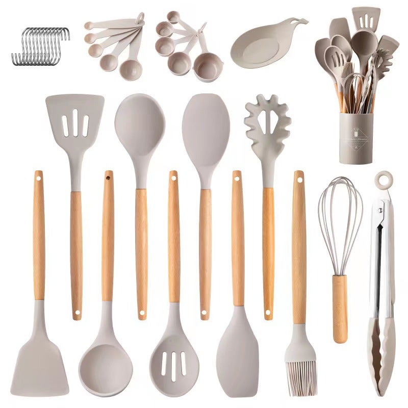 Wooden Handle Silicone Kitchenware Set 28 Piece Set Storage Barrel Non-Stick Shovel Spoon Cooking Kitchenware Set Silicone Shovel Spoon - Image 4