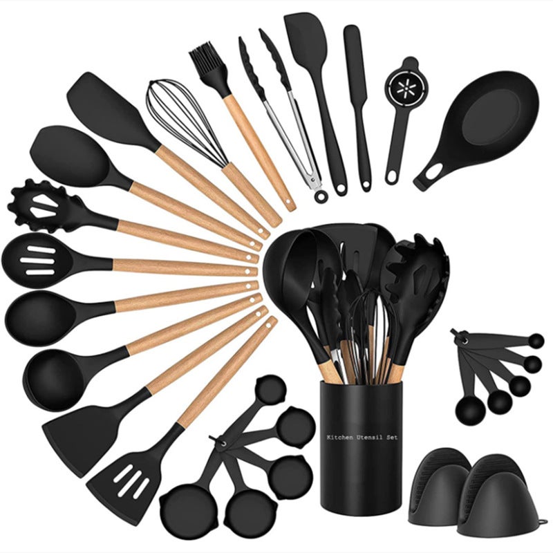 Wooden Handle Silicone Kitchenware Set 28 Piece Set Storage Barrel Non-Stick Shovel Spoon Cooking Kitchenware Set Silicone Shovel Spoon - Image 2
