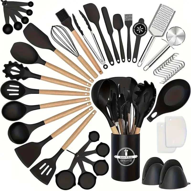 Wooden Handle Silicone Kitchenware Set 28 Piece Set Storage Barrel Non-Stick Shovel Spoon Cooking Kitchenware Set Silicone Shovel Spoon - Image 5