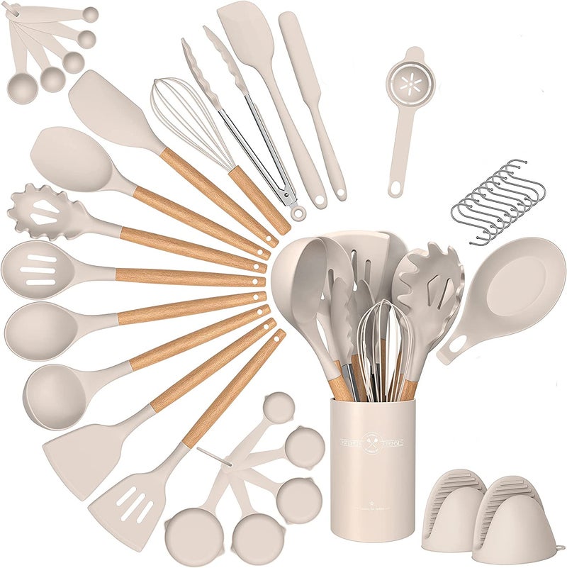 Wooden Handle Silicone Kitchenware Set 28 Piece Set Storage Barrel Non-Stick Shovel Spoon Cooking Kitchenware Set Silicone Shovel Spoon - Image 3