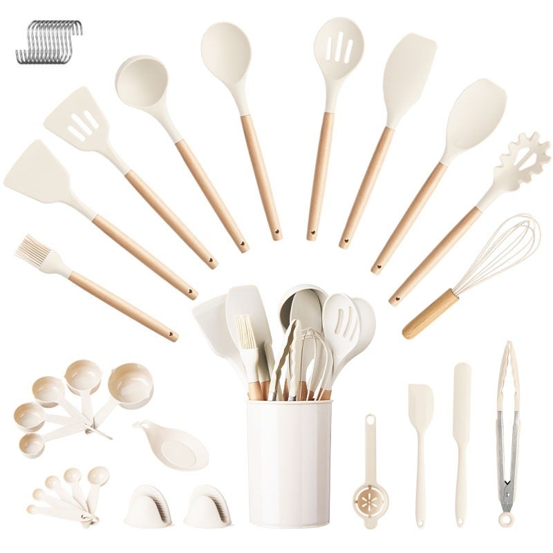 Wooden Handle Silicone Kitchenware Set 28 Piece Set Storage Barrel Non-Stick Shovel Spoon Cooking Kitchenware Set Silicone Shovel Spoon - Image 1