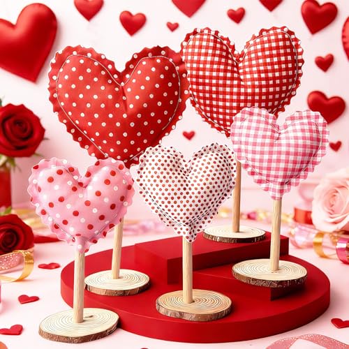 GRMIKBU 5Pcs Tall Standing Fabric Hearts Decor,Valentine's Day Standing Heart Blocks with Wood Base for Tabletop Centerpiece,for Farmhouse, Office, Wedding Table Decoration, Romantic Gift for Lover - Image 1