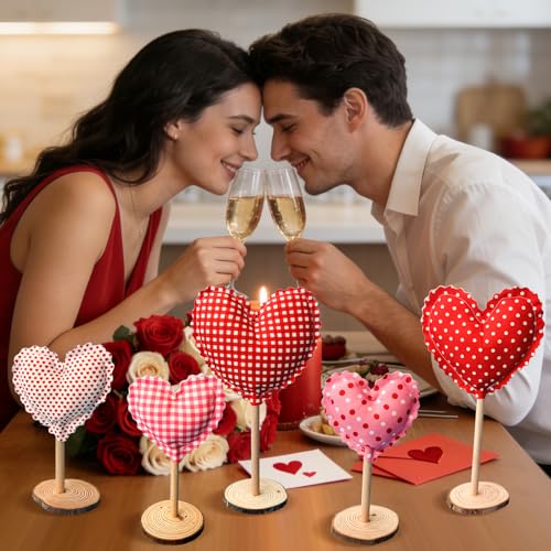GRMIKBU 5Pcs Tall Standing Fabric Hearts Decor,Valentine's Day Standing Heart Blocks with Wood Base for Tabletop Centerpiece,for Farmhouse, Office, Wedding Table Decoration, Romantic Gift for Lover - Image 5