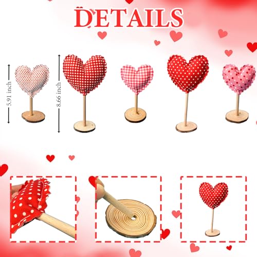 GRMIKBU 5Pcs Tall Standing Fabric Hearts Decor,Valentine's Day Standing Heart Blocks with Wood Base for Tabletop Centerpiece,for Farmhouse, Office, Wedding Table Decoration, Romantic Gift for Lover - Image 2