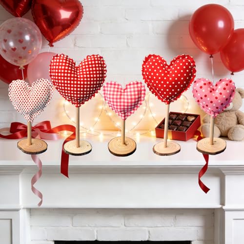 GRMIKBU 5Pcs Tall Standing Fabric Hearts Decor,Valentine's Day Standing Heart Blocks with Wood Base for Tabletop Centerpiece,for Farmhouse, Office, Wedding Table Decoration, Romantic Gift for Lover - Image 4