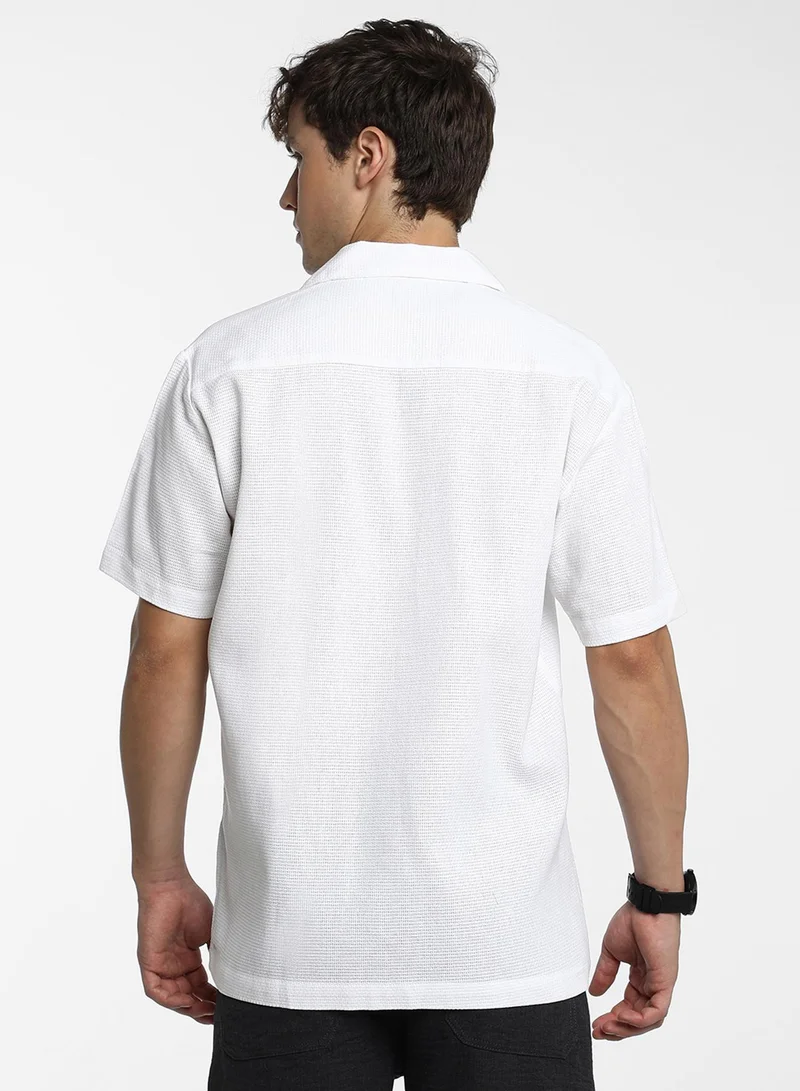 CAHOOT  Men's Chalk White Solid Knit Shirt For Casual Wear | Cuban Collar | Short Sleeve | Button Closure | Shirt Crafted With Comfort Fit For Everyday Wear for Men | Best Price UAE