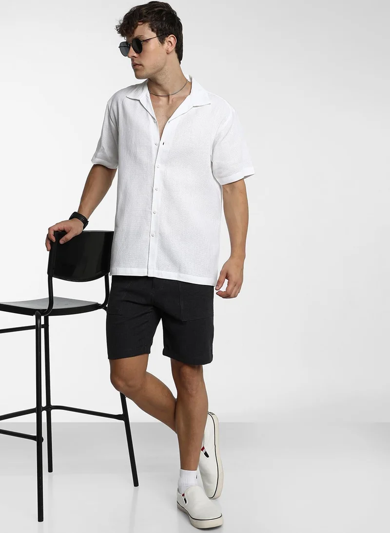 CAHOOT  Men's Chalk White Solid Knit Shirt For Casual Wear | Cuban Collar | Short Sleeve | Button Closure | Shirt Crafted With Comfort Fit For Everyday Wear for Men | Best Price UAE