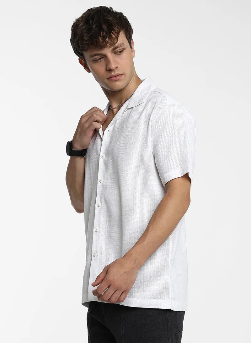 CAHOOT  Men's Chalk White Solid Knit Shirt For Casual Wear | Cuban Collar | Short Sleeve | Button Closure | Shirt Crafted With Comfort Fit For Everyday Wear for Men | Best Price UAE