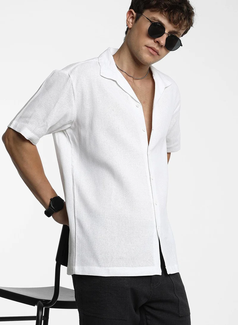 كامبوس سوترا Men's Chalk White Solid Knit Shirt For Casual Wear | Cuban Collar | Short Sleeve | Button Closure | Shirt Crafted With Comfort Fit For Everyday Wear