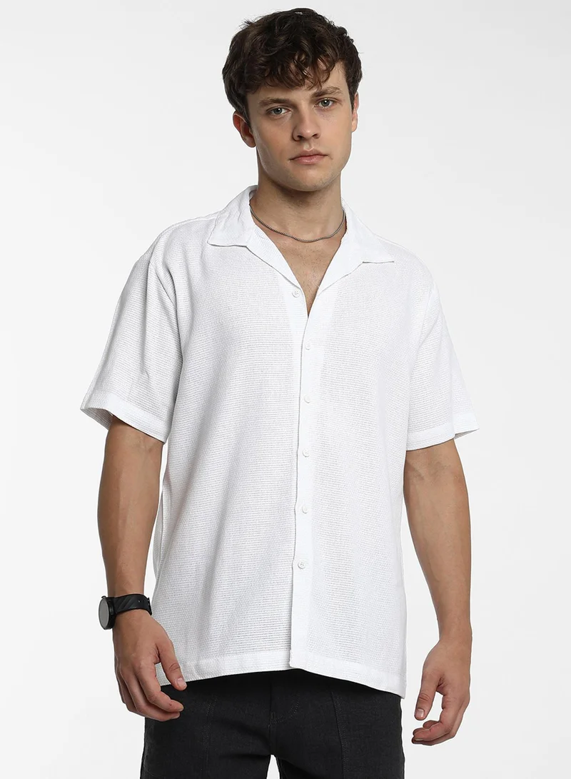 كامبوس سوترا Men's Chalk White Solid Knit Shirt For Casual Wear | Cuban Collar | Short Sleeve | Button Closure | Shirt Crafted With Comfort Fit For Everyday Wear