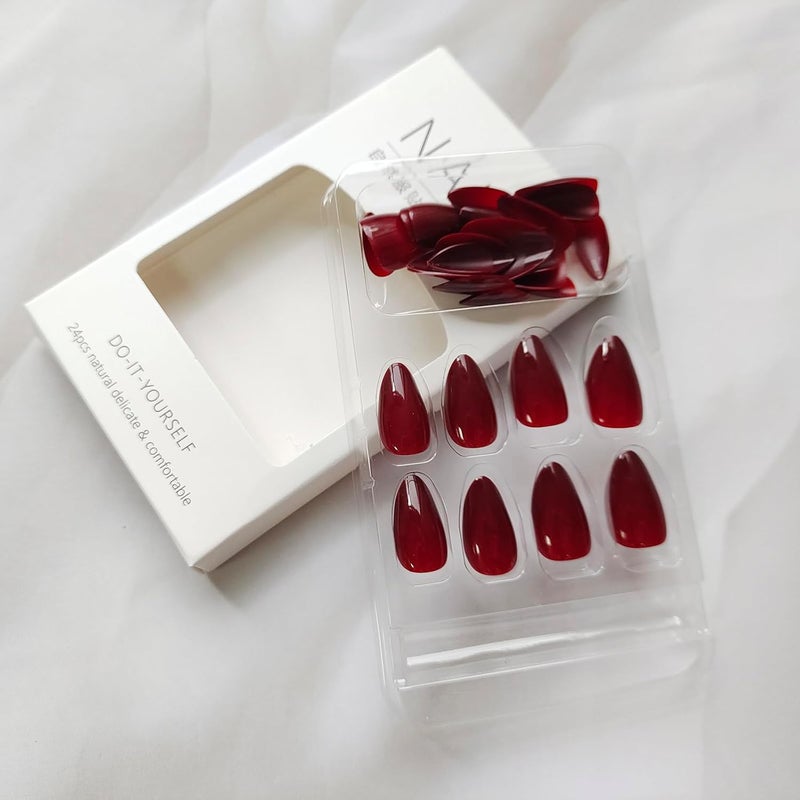 WULIUFLY All need matching options Fall Almond Press on Nails - Medium Burgundy Acrylic, Solid Color, Glue on, Press ons, Autumn, Thanksgiving Stick on Nails for Women's Manicure Decorations Classic modern blend design - Image 5