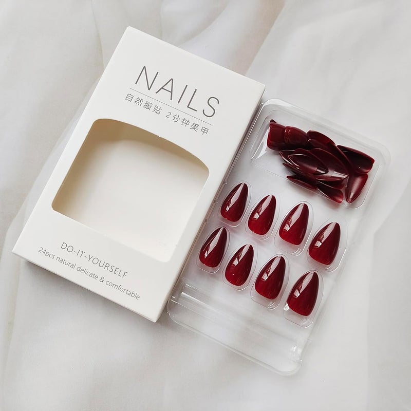 WULIUFLY All need matching options Fall Almond Press on Nails - Medium Burgundy Acrylic, Solid Color, Glue on, Press ons, Autumn, Thanksgiving Stick on Nails for Women's Manicure Decorations Classic modern blend design - Image 3