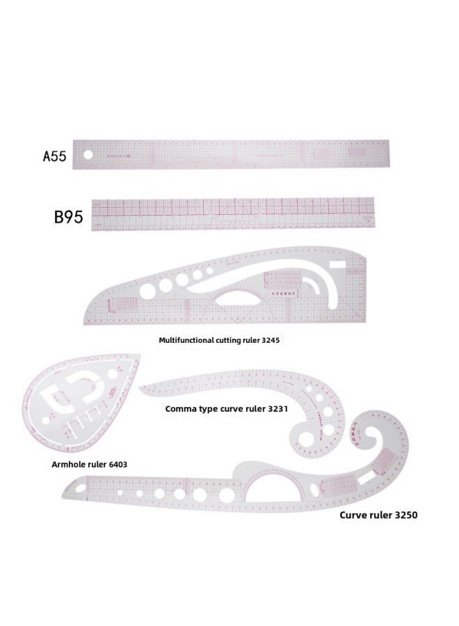 ثام مسطرة الملابس، مسطرة القص، مسطرة كم القفص، مسطرة المنحنيات، مسطرة قوس الأزرار، مجموعة مساطر - Image 1