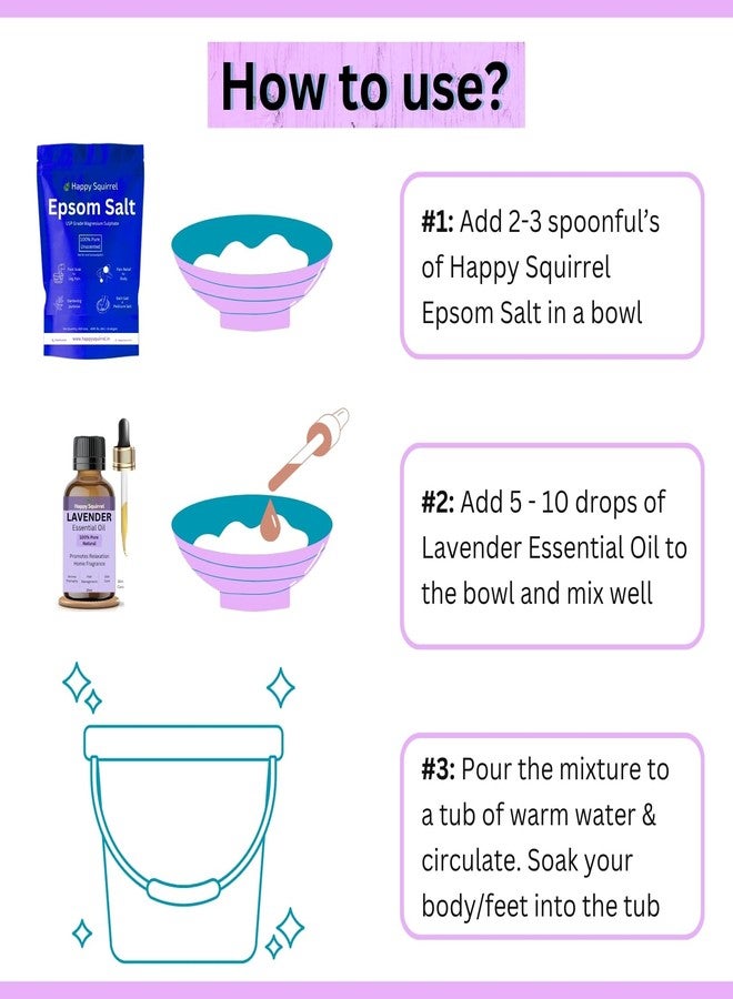 Happy Squirrel ملح استحمام السنجاب السعيد | خالٍ من المواد الحافظة - اصنعيه بنفسك باستخدام ملح إبسوم (275 غ) وزيت عطري (15 مل) | ملح استحمام إبسوم للقدمين والجسم والاسترخاء والعناية بالقدمين (لافندر) - Image 3