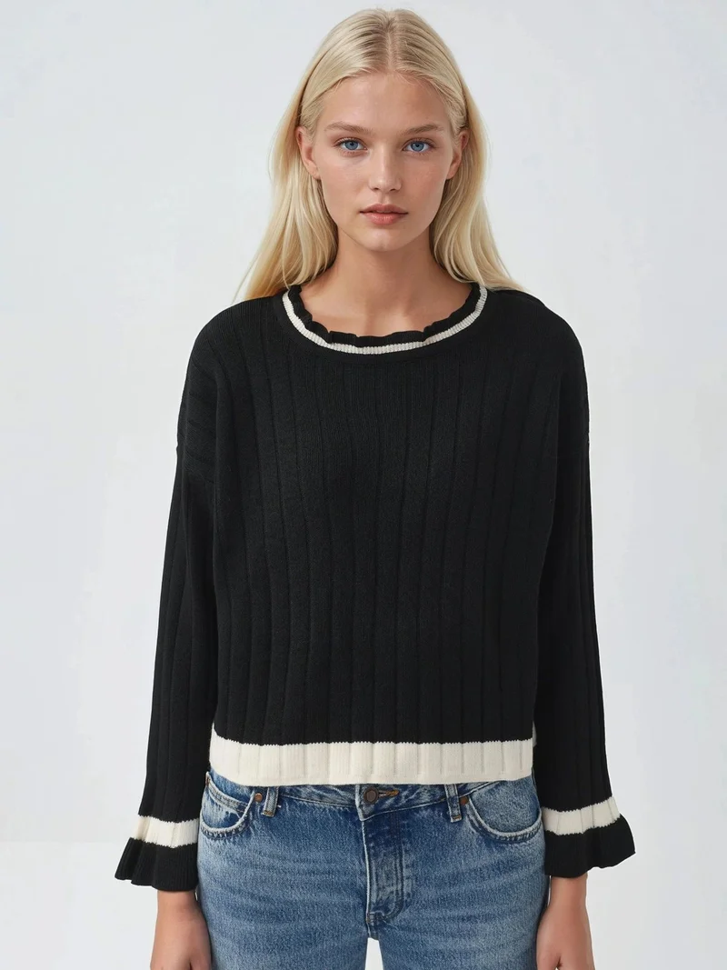 MY FASHION Striped Knit Sweater with Crew Neck