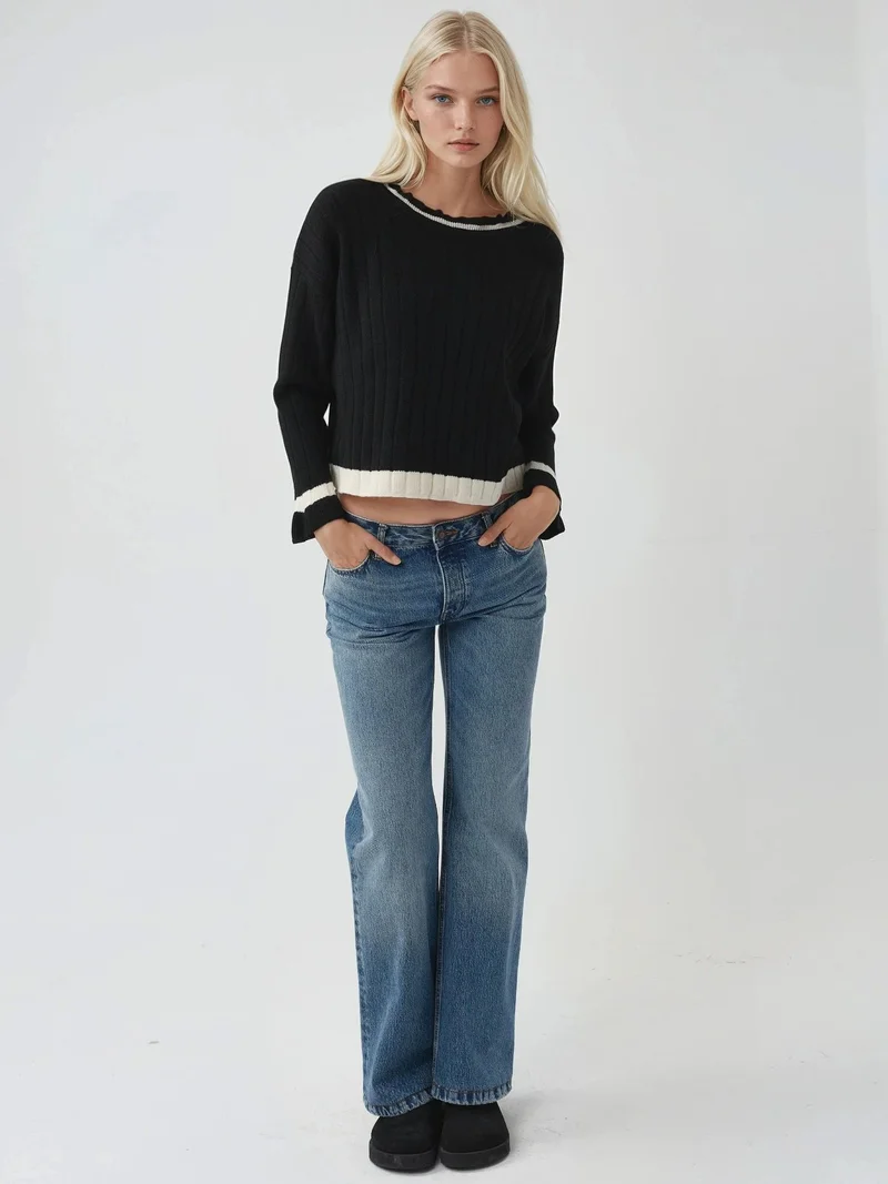 My Fashion Black MY FASHION Striped Knit Sweater with Crew Neck for Women | Best Price UAE