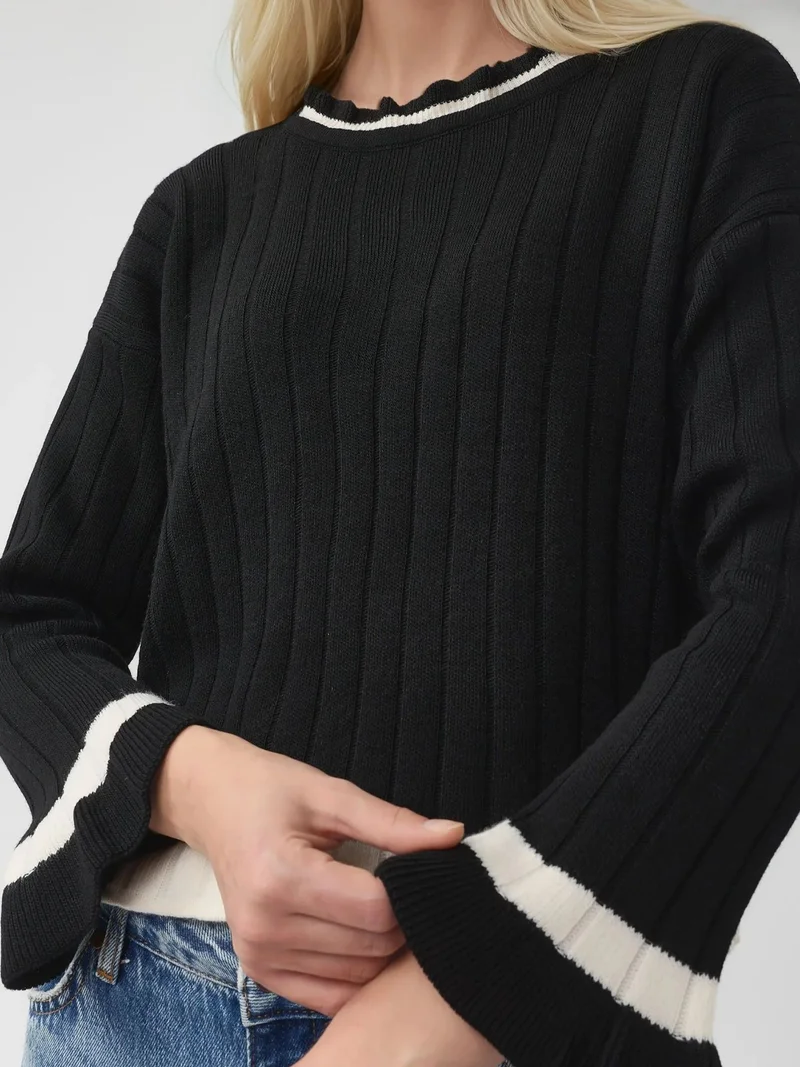 My Fashion Black MY FASHION Striped Knit Sweater with Crew Neck for Women | Best Price UAE