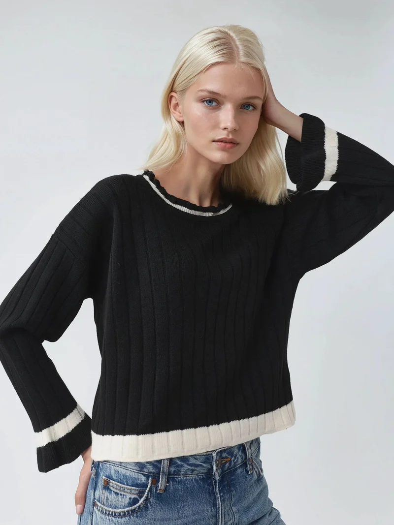 MY FASHION Striped Knit Sweater with Crew Neck