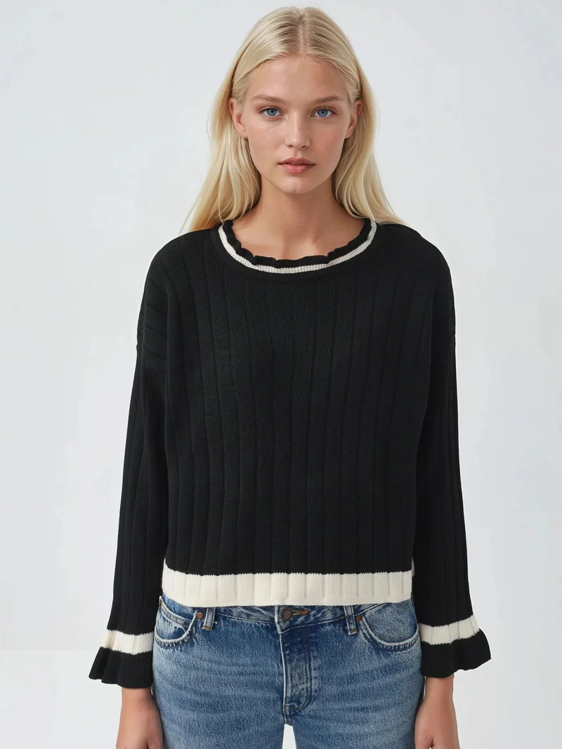 My Fashion Black MY FASHION Striped Knit Sweater with Crew Neck for Women | Best Price UAE