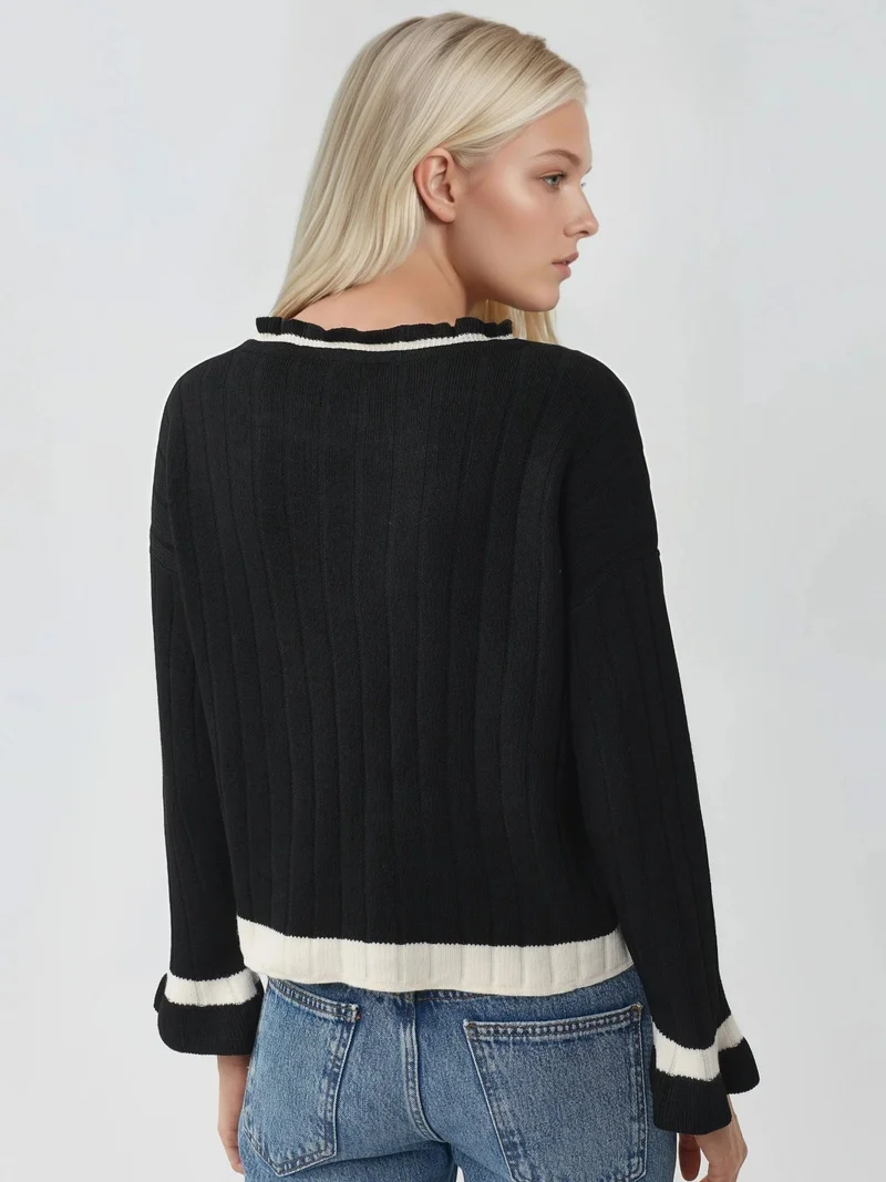 My Fashion Black MY FASHION Striped Knit Sweater with Crew Neck for Women | Best Price UAE
