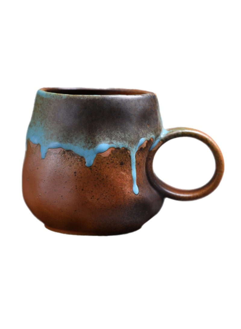 Special-Shaped Mugs, Retro Ceramic Cups, Irregular Cups, Stoneware Water Cups, High-Value Coffee Cups（Flowing glaze blue 270ml） - Image 1