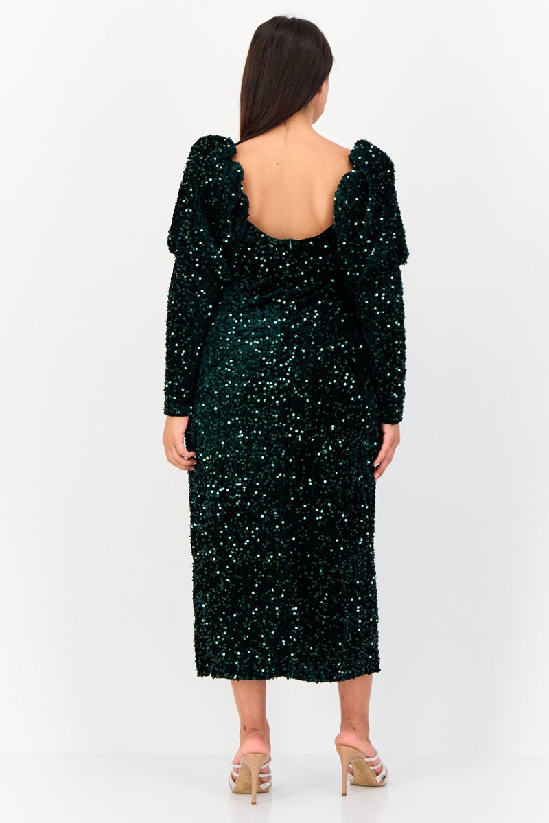 Archive Design Studio Women Metallic Midi Dress, Dark Green - Image 4