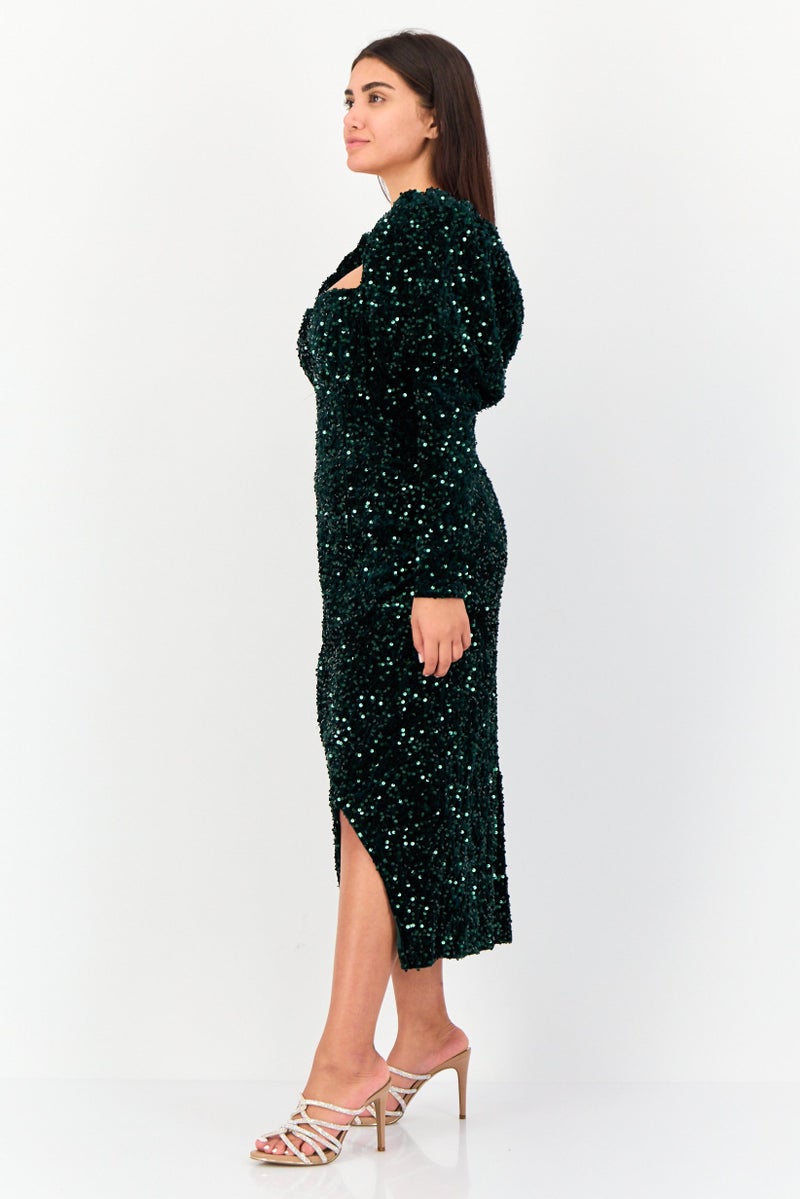 Archive Design Studio Women Metallic Midi Dress, Dark Green - Image 2