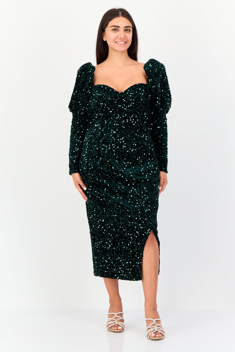 Archive Design Studio Women Metallic Midi Dress, Dark Green - Image 1