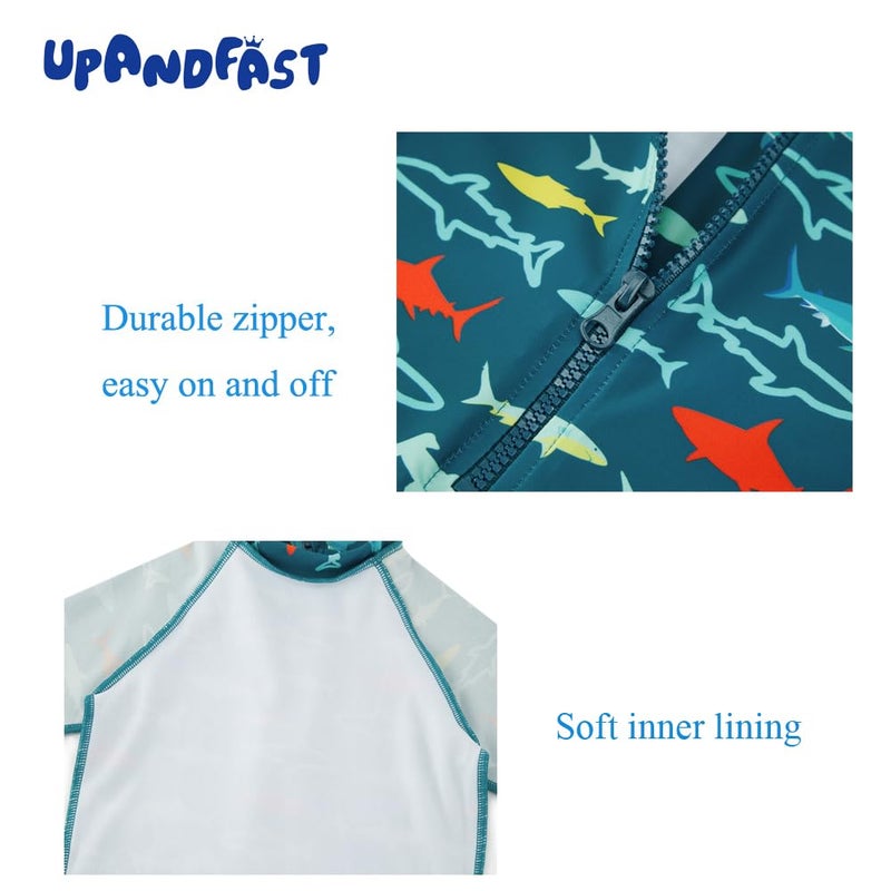 upandfast Baby/Toddler Swimsuit UPF 50+ Sun Protection One Piece Zipper Bathing Suit with Sun Hat Infant Beach Swimwear (Peacock Blue Shark,6-9 Months) - Image 5