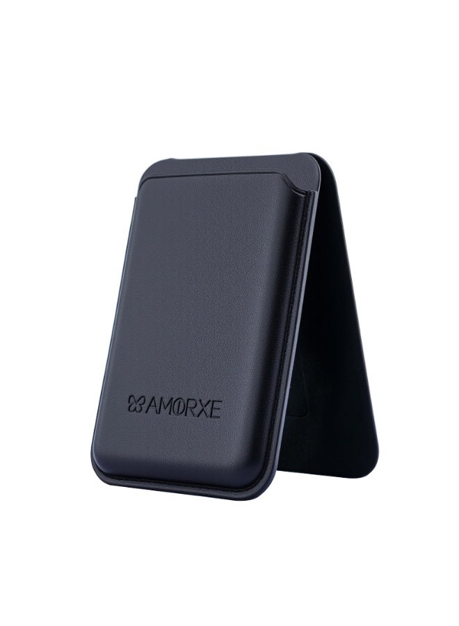 أﻣورﻛس محفظة وحامل بطاقات Amorxe MagSafe مع حامل، مغناطيس N52 قوي، تصميم جلدي نحيف، مشبك زنبركي يحمل 1-3 بطاقات بشكل آمن، متوافق مع سلسلة iPhone 17/16/15/14/13/12 (وليس 12/13 Mini)، أسود - Image 1