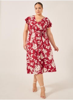 Styli Plus Size Floral Print Flared Sleeves Wrap Midi Dress  - Image 2