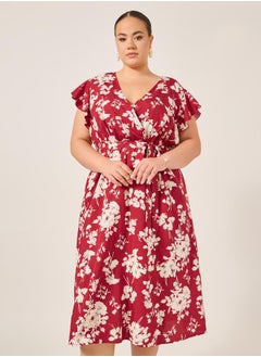 Styli Plus Size Floral Print Flared Sleeves Wrap Midi Dress  - Image 3