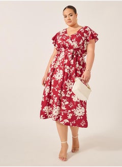 Styli Plus Size Floral Print Flared Sleeves Wrap Midi Dress  - Image 1