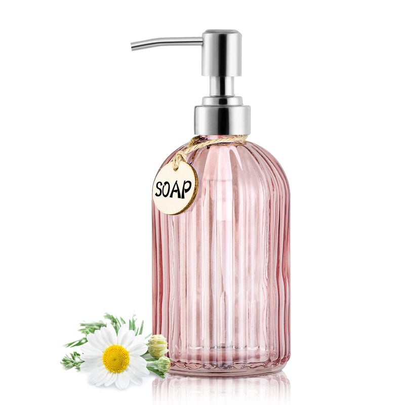 MOCLIF 16OZ Fashion Stripe Clear Glass Refillable Soap Dispenser with 304 Stainless Steel Pump Premium Soap Dispenser for Kitchen Bathroom Hand Sanitizer Liquid Soap Lotion etc Clear Pink