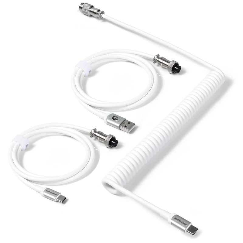 Simple multi-feature practical build C04 Coiled USB C Cable for Mechanical Keyboard, Custom 2 In 1 Aviator Cable - USB A To Type C & Type C To Type C, HyperSpeed Cable with 8KHz Return Rate & 5 Pin Aviator Connector - White Wet anti slip - Image 1