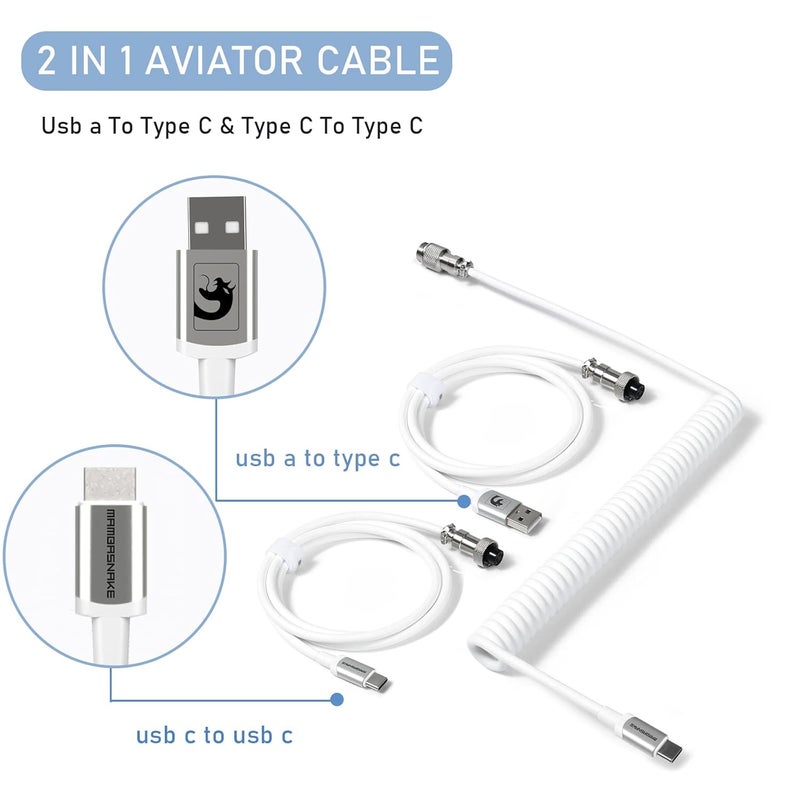 Simple multi-feature practical build C04 Coiled USB C Cable for Mechanical Keyboard, Custom 2 In 1 Aviator Cable - USB A To Type C & Type C To Type C, HyperSpeed Cable with 8KHz Return Rate & 5 Pin Aviator Connector - White Wet anti slip - Image 2