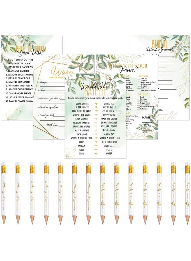 Maxdot 220 Pieces Bridal Shower Game Set 5 Sets (40 Cards Each) Wedding Game Cards and 20 Pieces Pencils Printed Words Editable Bride Groom Wedding Bachelorette Engagement Party Supplies (Green Leaves) - Image 1