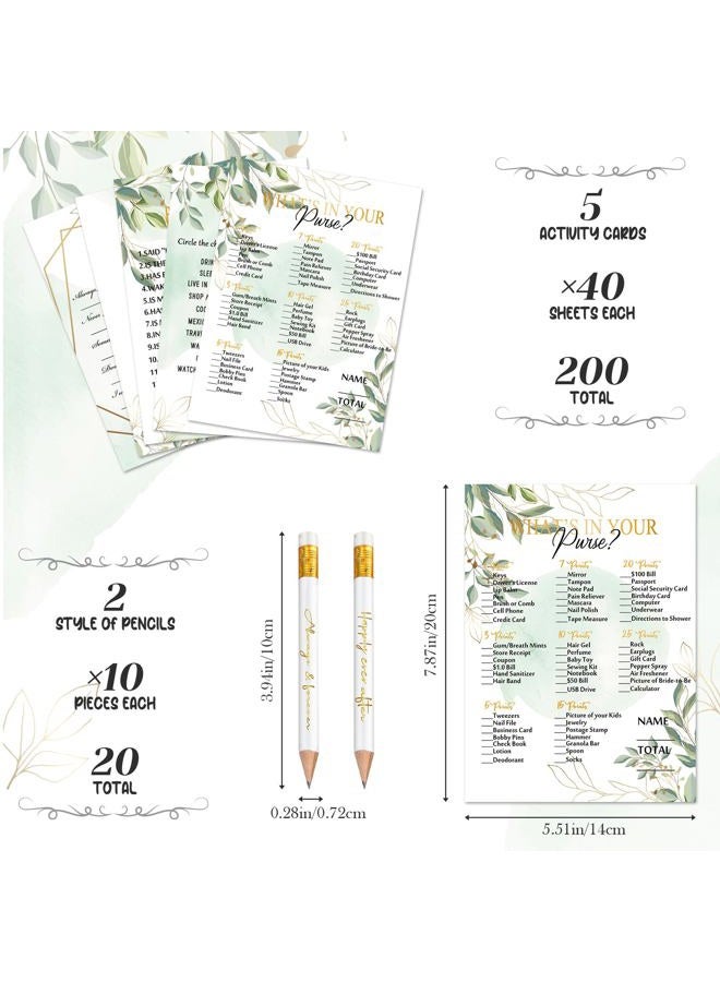 Maxdot 220 Pieces Bridal Shower Game Set 5 Sets (40 Cards Each) Wedding Game Cards and 20 Pieces Pencils Printed Words Editable Bride Groom Wedding Bachelorette Engagement Party Supplies (Green Leaves) - Image 2
