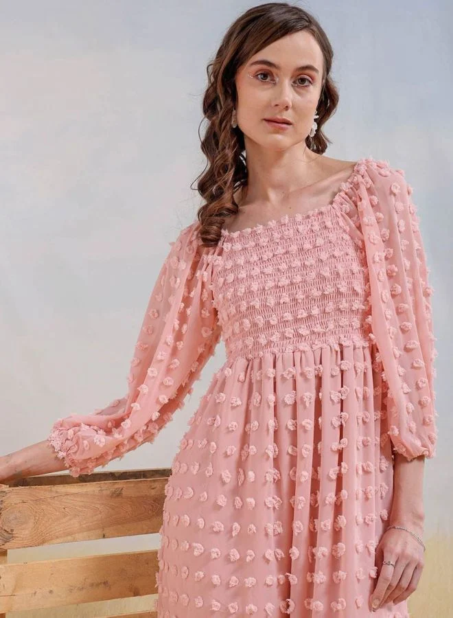 مرفوعة Women Fit and Flared Textured Square Neck Long Sleeve Maxi Dress